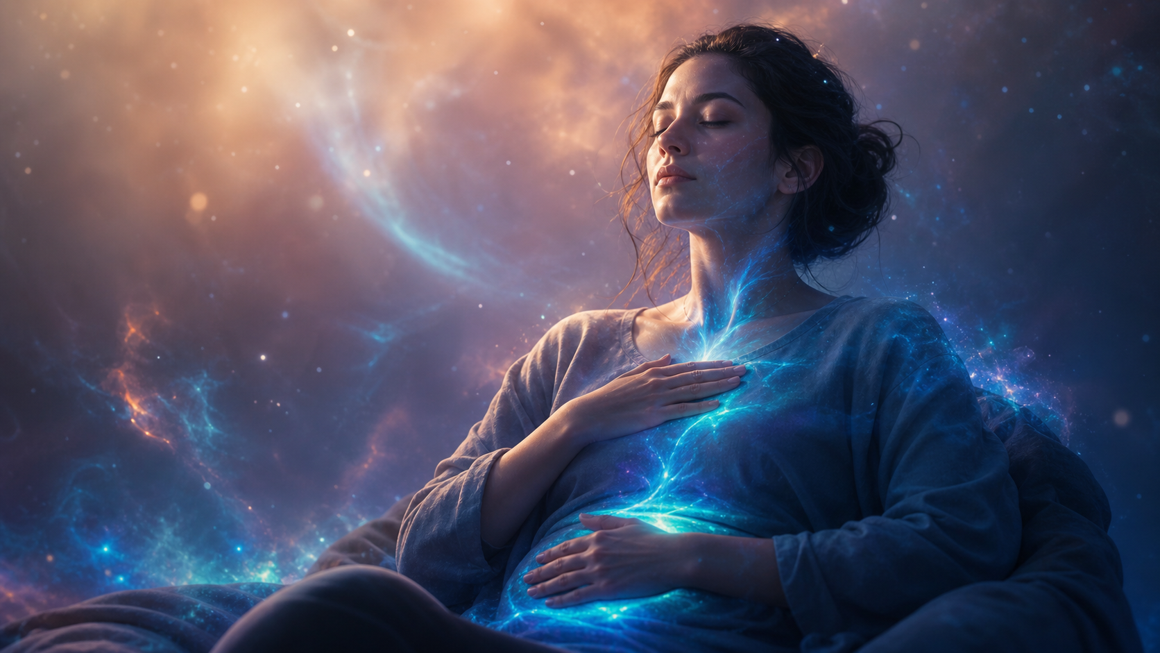 Pregnant woman reclines with hands on belly amid glowing blue cosmic nebula light