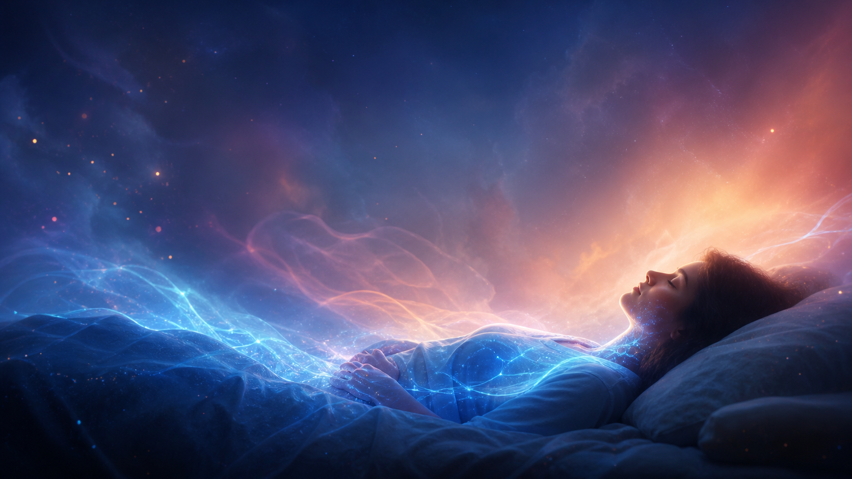 A person lies in bed under glowing blue and orange dreamlike energy waves in a cosmic night scene