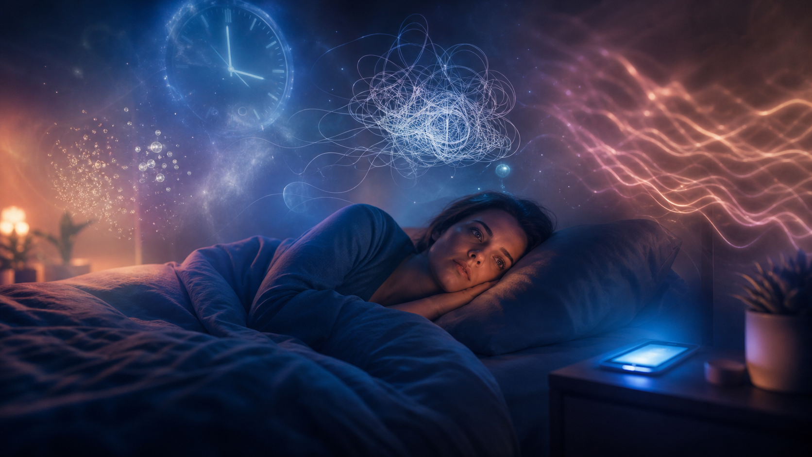 Woman lies awake in bed at night, phone glowing as thoughts, clock, and light waves swirl above