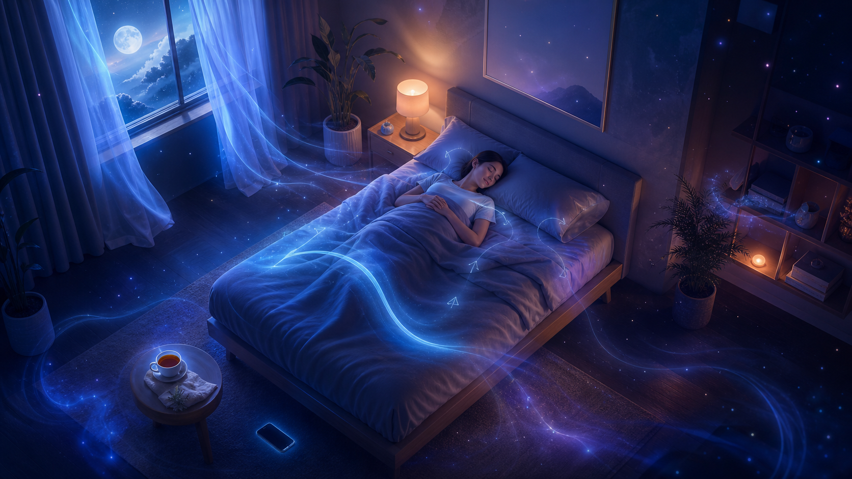 Moonlit bedroom with a sleeping woman under a glowing blue starry blanket