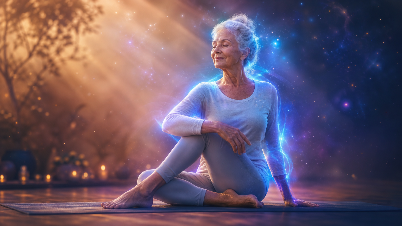 Elderly woman meditating on a yoga mat, glowing with cosmic light in a serene park