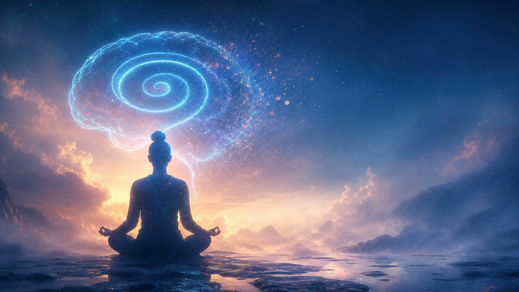 Meditating figure under a glowing spiral brain in a mystical starry landscape at sunset