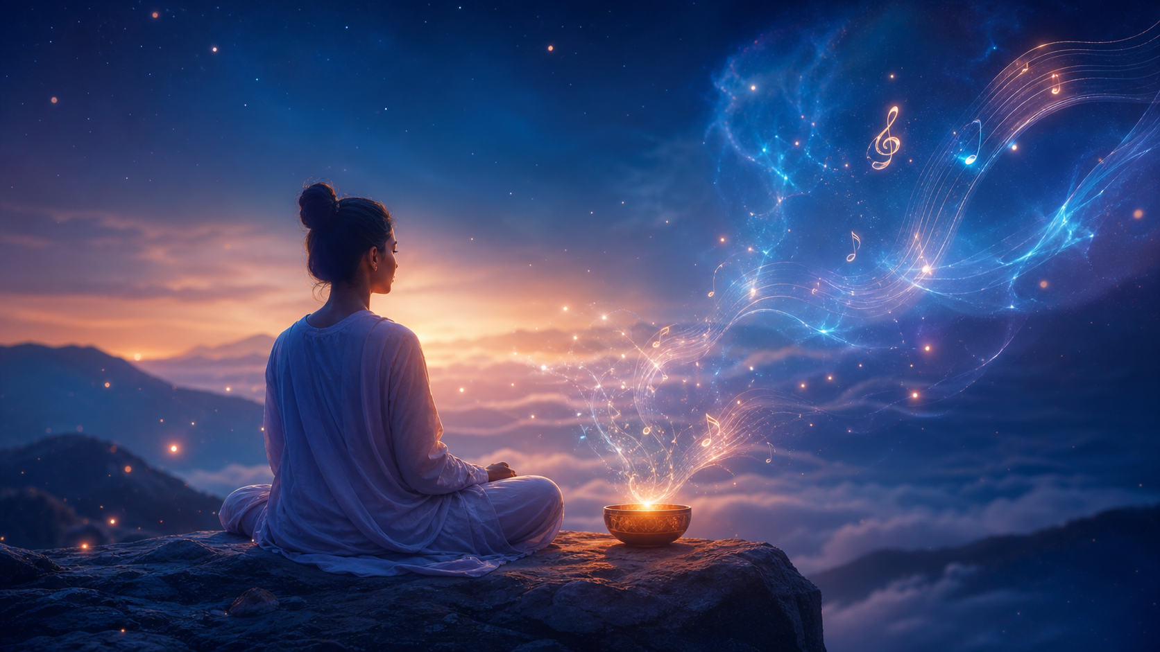 Woman meditating on a mountain at dusk as glowing musical notes rise from a small bowl
