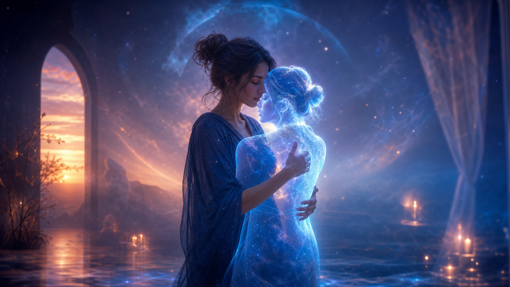 Woman embraces a glowing celestial child in a dreamy twilight room overlooking water and stars