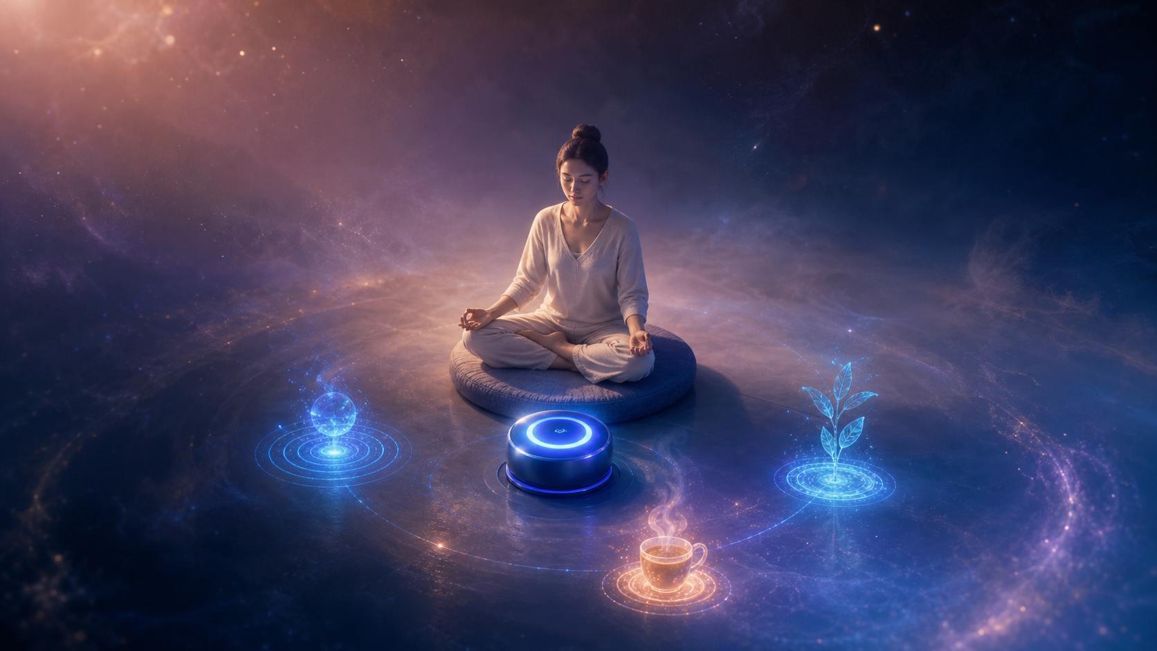 Woman meditating on a cushion amid glowing cosmic energy, blue holograms, and a luminous orb