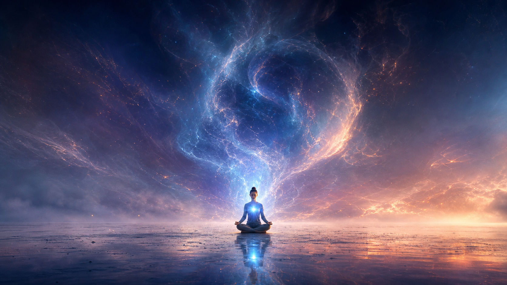Person meditating on reflective water beneath a swirling cosmic nebula at sunset
