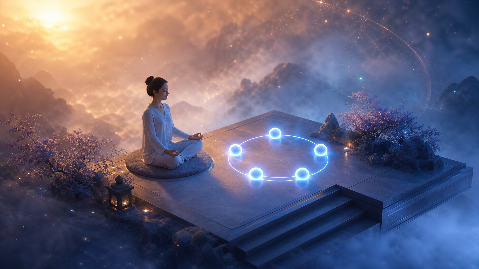 Woman meditating on a floating platform amid misty mountains, encircled by glowing blue orbs at sunset