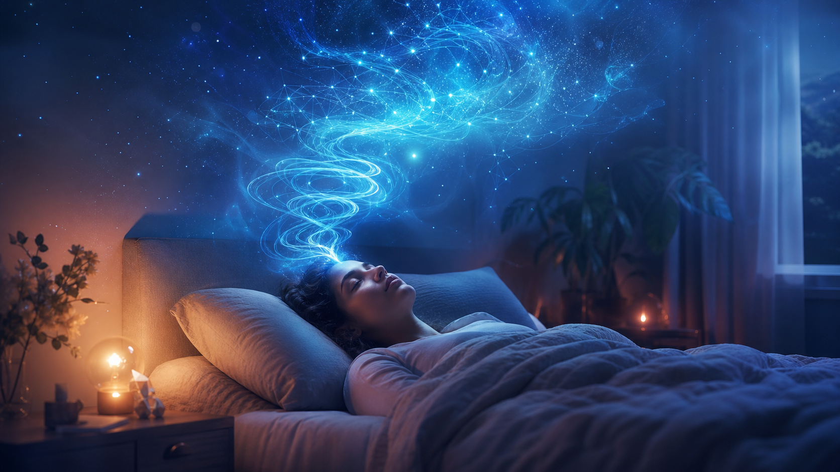 Sleeping woman in bed beneath a glowing blue galaxy-like dream swirl in a moonlit bedroom