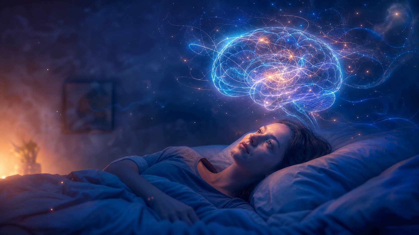 Woman lying awake in bed as a glowing neural network brain floats above her head