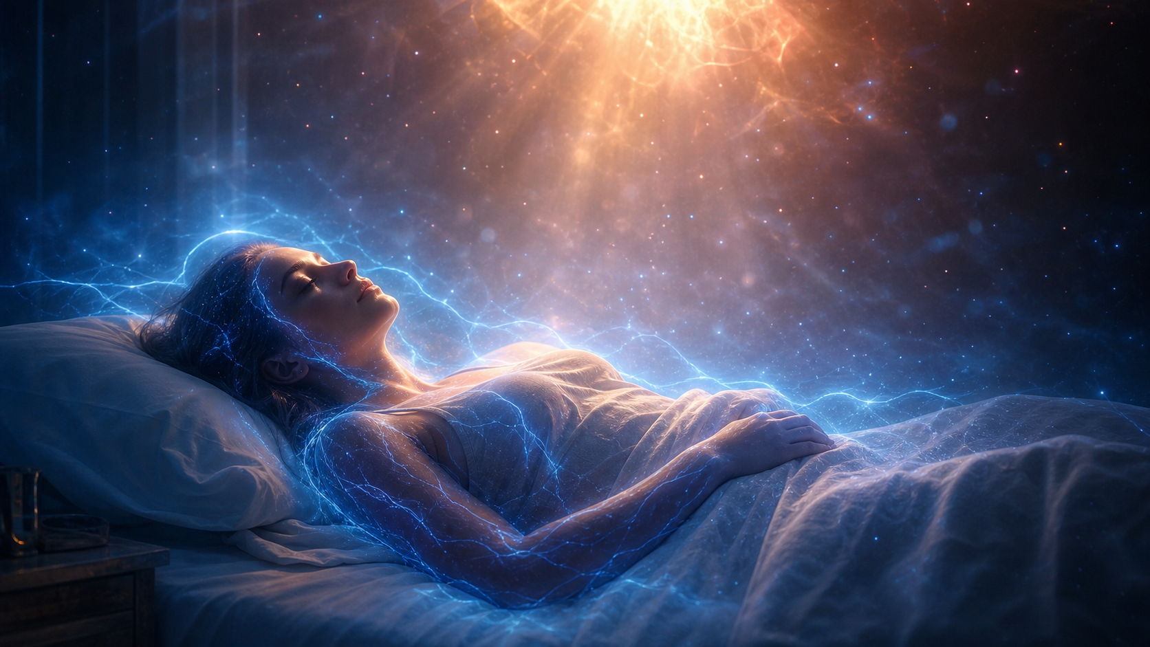 Woman lying in bed bathed in blue and golden cosmic light, with an energy-like glow around her body