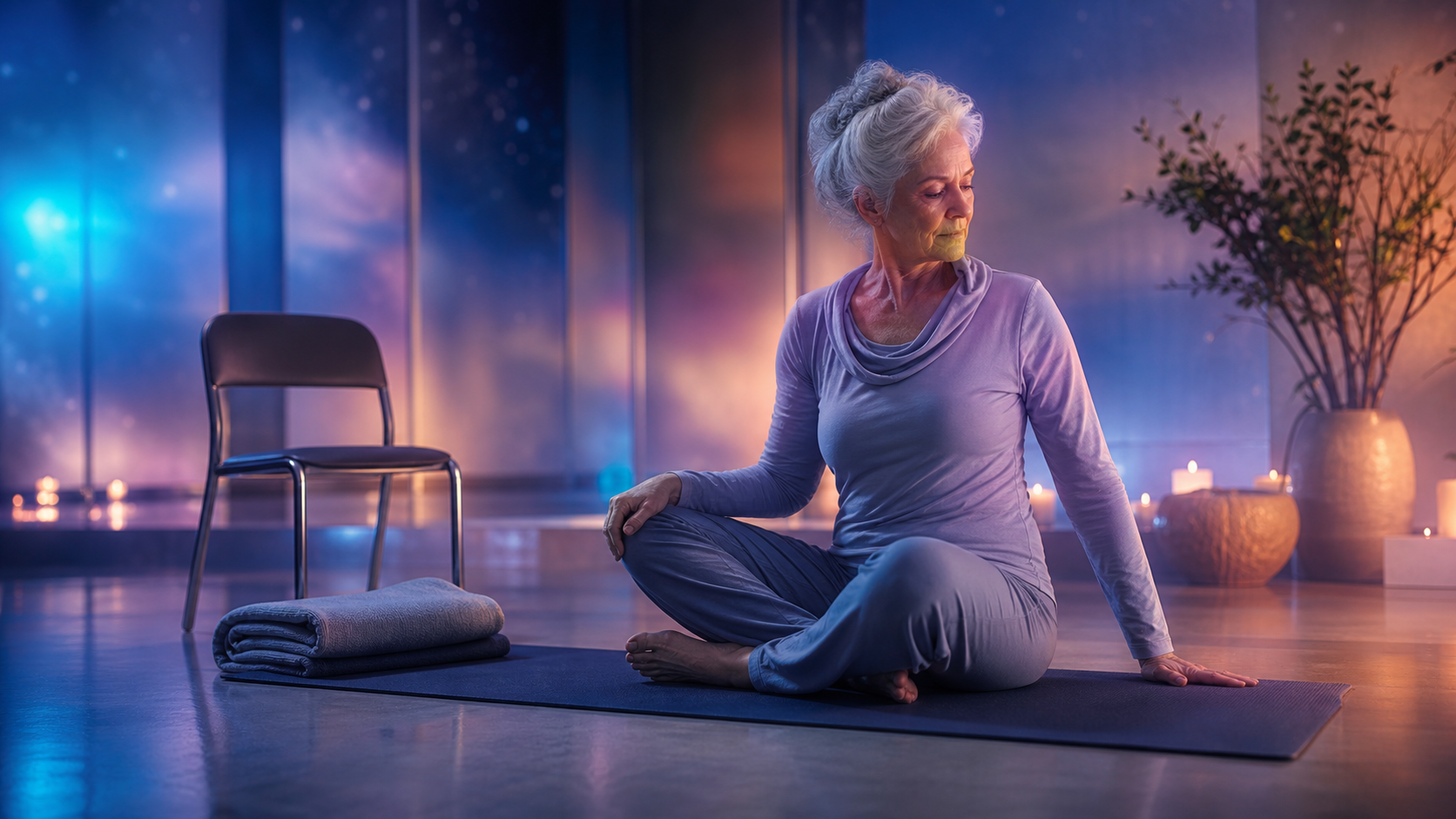 Older woman seated on a yoga mat in a calm studio with candles and soft blue-purple lighting