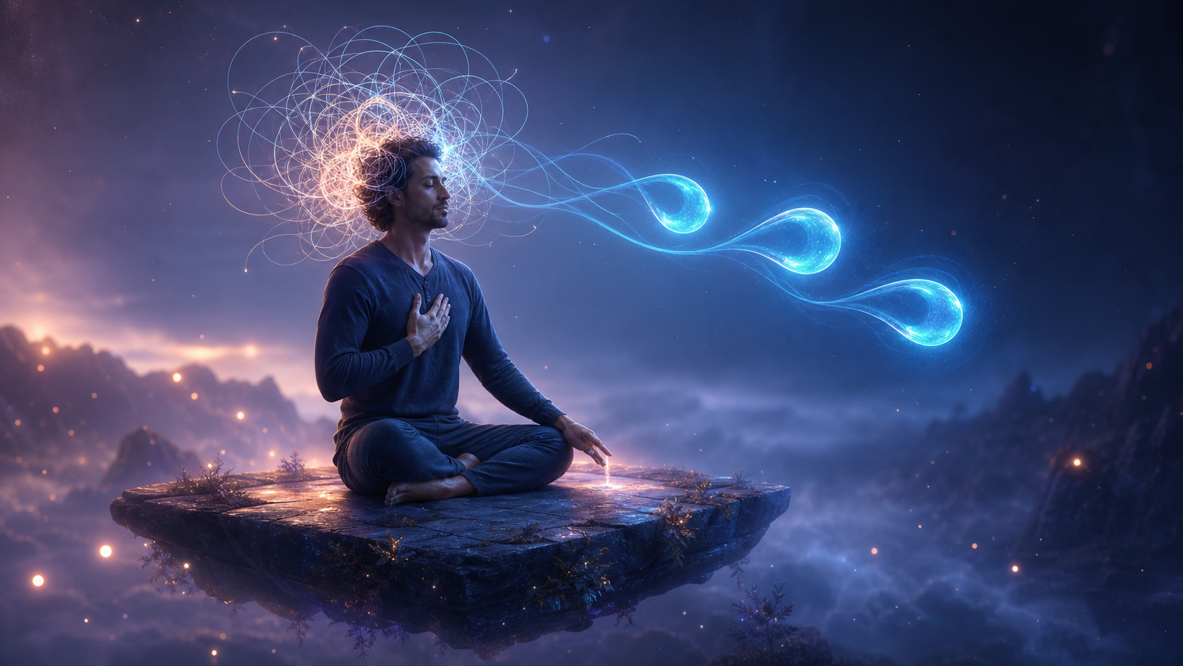 Meditating man on a floating rock amid mountains, glowing energy streams and halo of light in a mystical sky