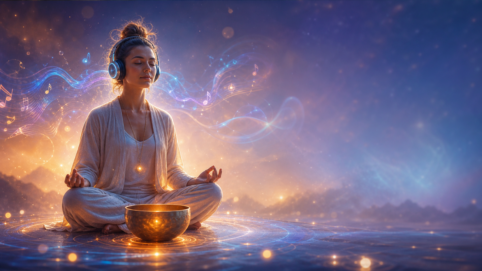 Woman meditating with headphones by a singing bowl amid glowing musical waves and mountains