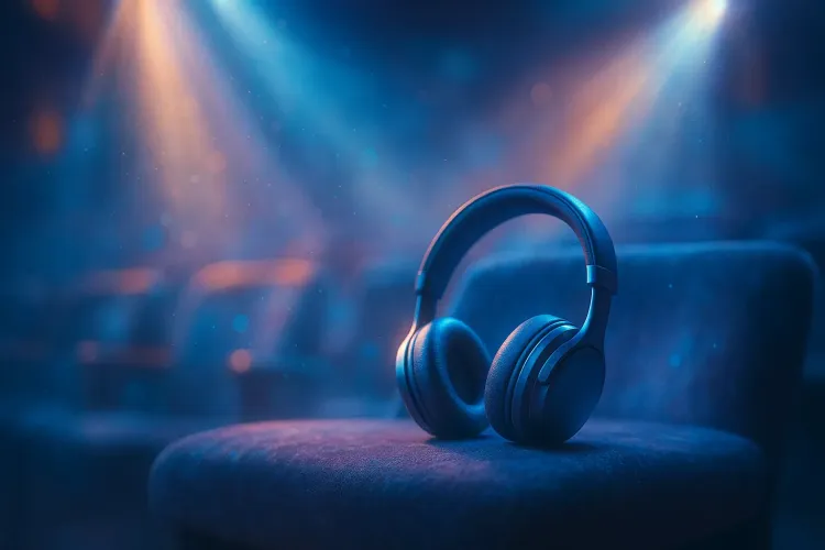 Black headphones rest on a chair under blue and warm spotlights, creating a moody stage-like atmosphere