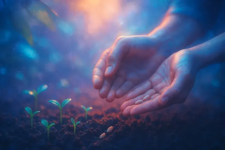 Gentle hands hold seeds above sprouting soil in soft blue-pink light, creating a hopeful, nurturing mood