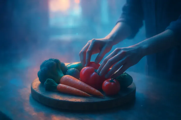 Hands arrange vegetables on a cutting board in moody blue light, with carrots, tomatoes, broccoli, and cucumber