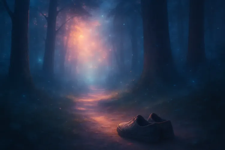 Abandoned shoes on a misty forest path, blue-orange light glowing through trees, eerie and dreamlike
