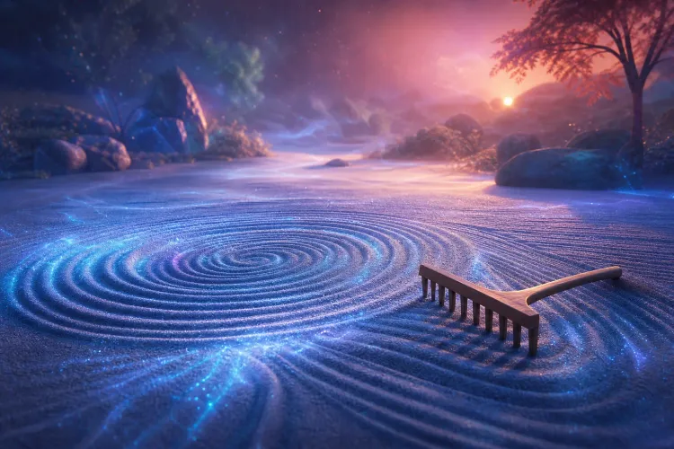 Glowing spiral patterns in a sparkling Zen garden with a rake, rocks, trees, and a pink sunset