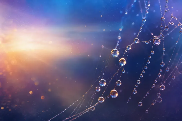 Dewdrops on spiderweb strands sparkle against a blue and golden sunrise bokeh background
