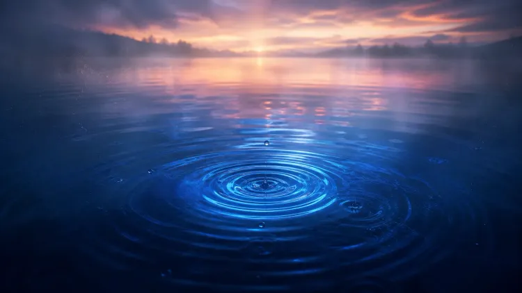 Sunset over a calm lake with glowing blue ripples from a water droplet under pink clouds