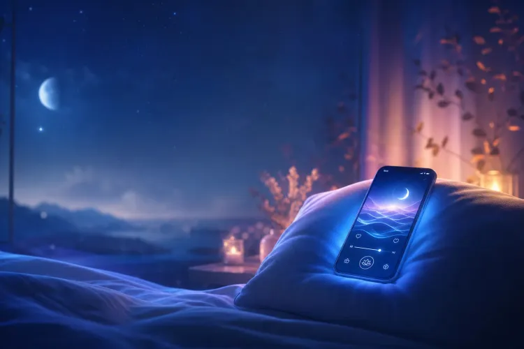 Smartphone on a pillow shows a crescent moon scene in a cozy bedroom overlooking a starry night sky