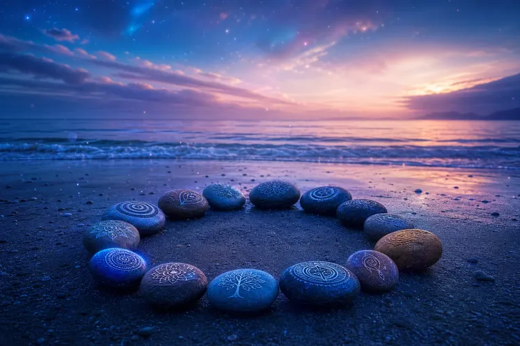 Circle of glowing engraved stones on a beach at sunset, with ocean waves and a starry twilight sky