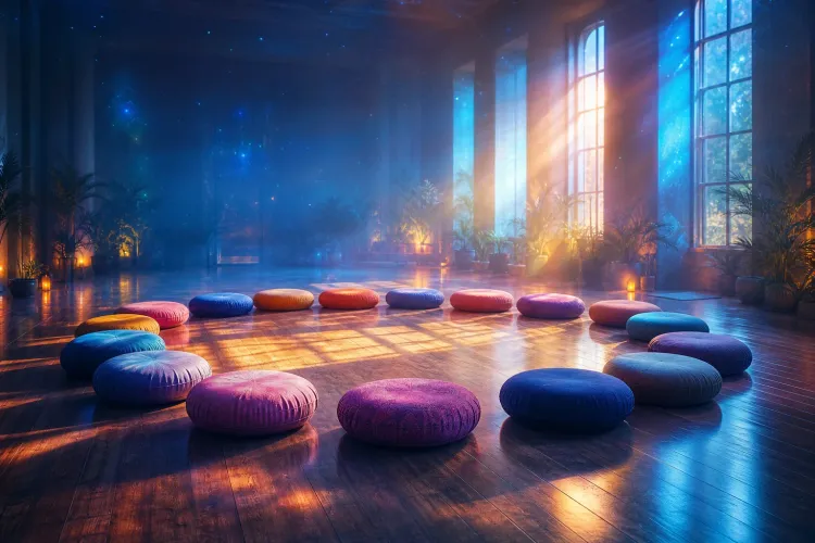 Colorful meditation cushions in a sunlit hall with tall windows, plants, and warm candlelight