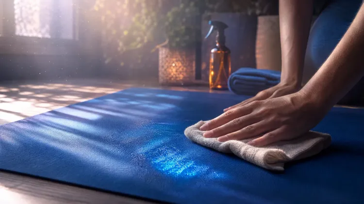 Hands wiping a blue yoga mat with a cloth in a sunlit room, spray bottle nearby