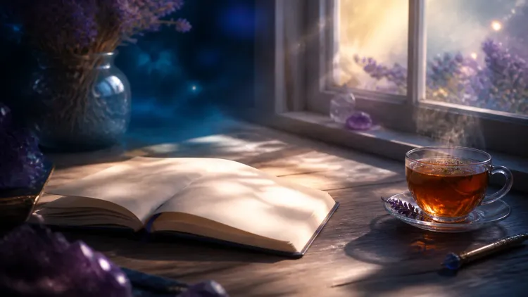 Open book and amber tea on a sunlit desk by a window, with lavender and crystals nearby