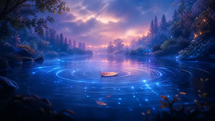 Glowing blue ripples surround a leaf on a moonlit forest lake under a purple dusk sky