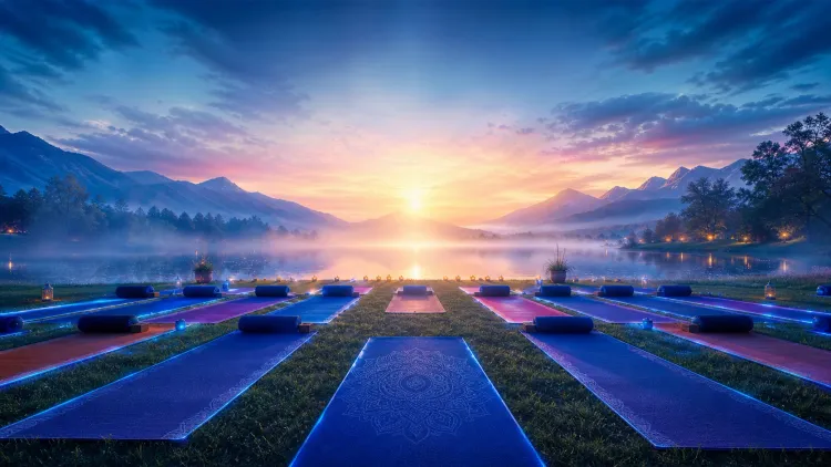Yoga mats with blue lights face a misty mountain lake at sunrise under a colorful sky