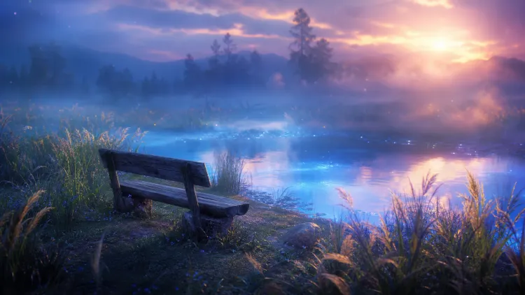 Empty bench beside a misty lakeshore at sunrise, with glowing water, grasses, and distant trees