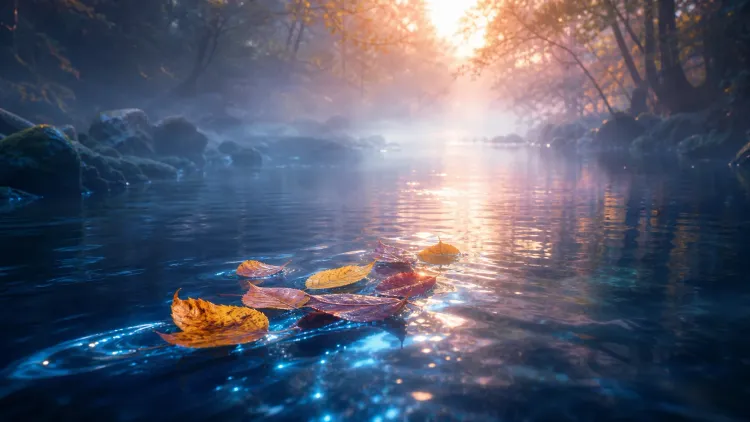 Autumn leaves float on a misty forest stream at sunrise with glowing reflections