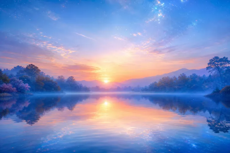 Sunrise over misty mountain lake with colorful sky, stars, and reflections on calm water