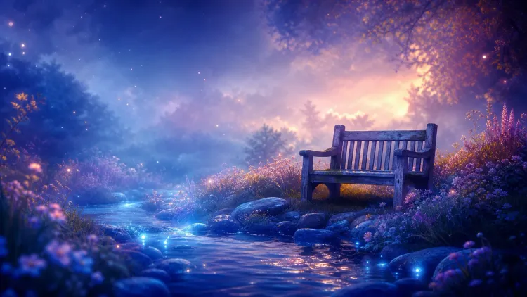 Wooden bench beside a glowing stream in a dreamy twilight garden with purple flowers and fireflies