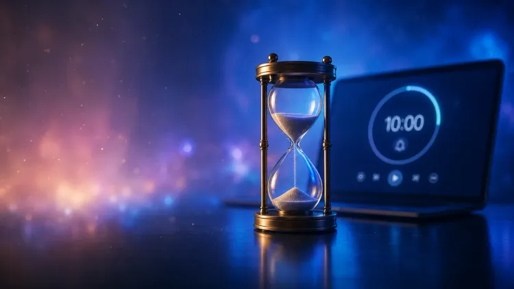 Hourglass in front of a laptop timer reading 10:00 against a blue and purple glowing background