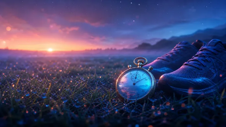 Running shoes and a stopwatch on dewy grass at a colorful sunrise under a starry sky