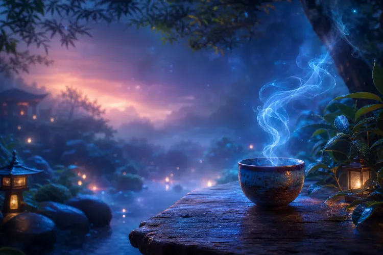 Steaming teacup on a rustic table by a misty twilight stream, lanterns glowing in a serene garden