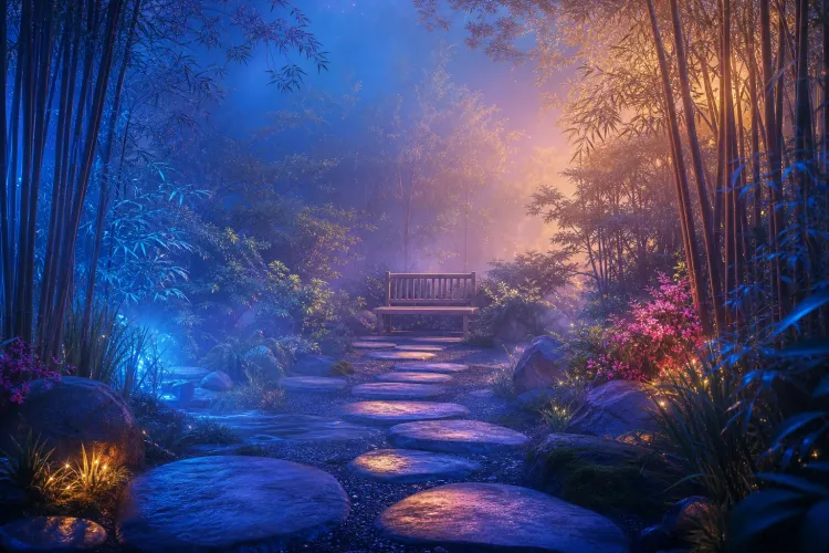 Moonlit bamboo garden path with stepping stones, glowing flowers, and a bench in blue and amber mist