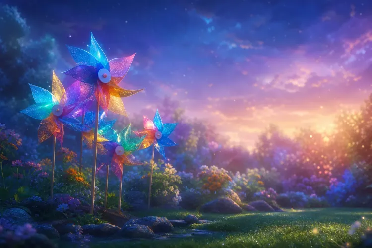 Colorful glowing pinwheels in a dreamy flower garden at sunset under a starry sky