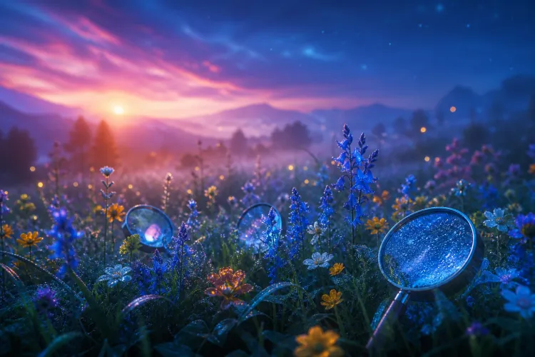 Magnifying glasses among dew-covered wildflowers at sunrise with misty mountains and a colorful sky