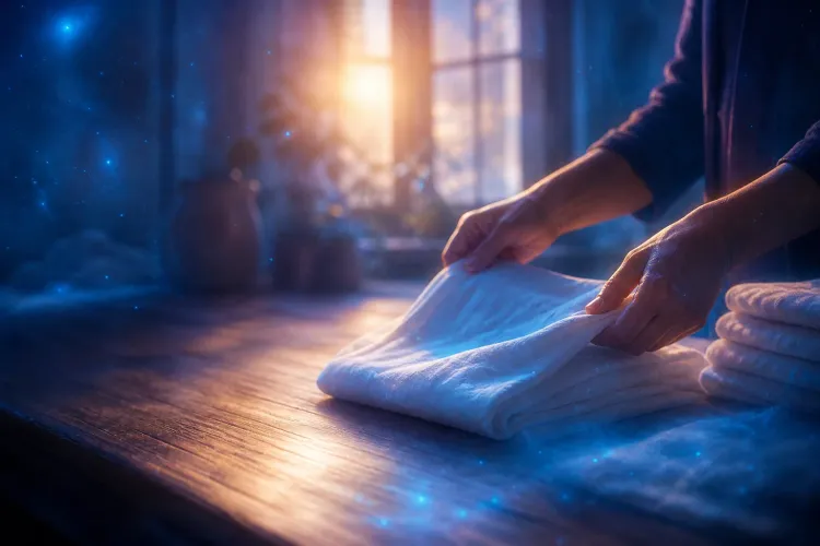 Hands fold a softly glowing blue towel on a wooden table by a sunlit window