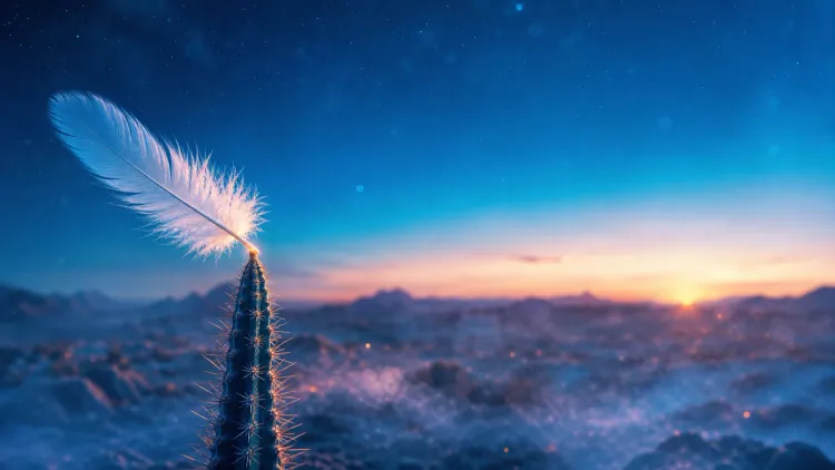 Feather caught on a cactus spine at sunrise over a snowy desert landscape