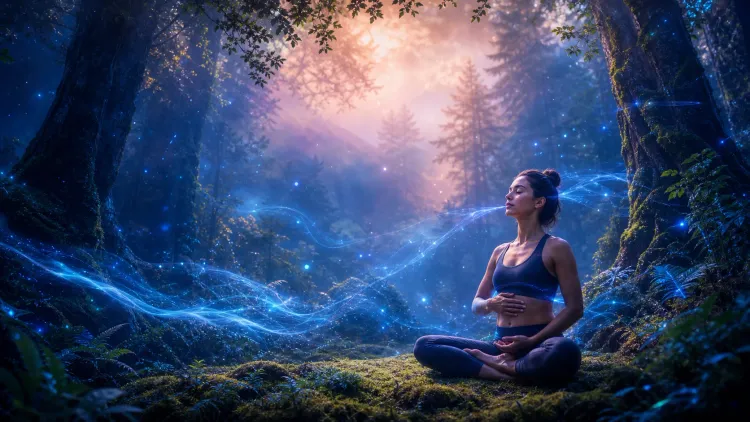 Woman meditating in a glowing enchanted forest with blue light trails and sunrise mist