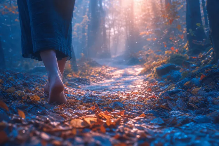 Bare feet walk along a leaf-strewn forest path in warm morning sunlight