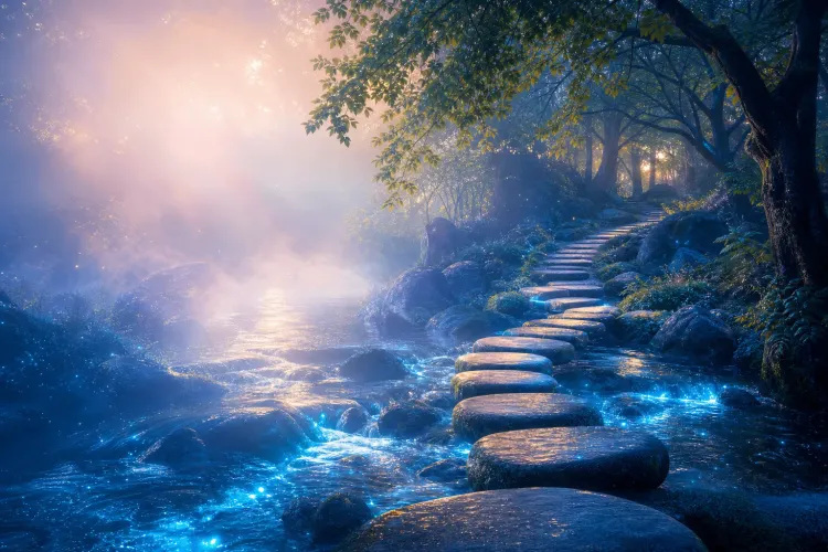 Misty forest stream with glowing blue water and stepping stones lit by warm sunbeams