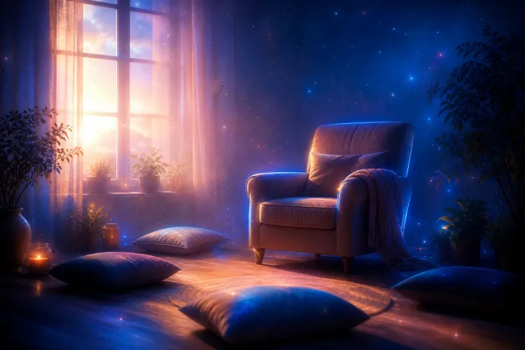 Cozy armchair by a glowing window under a starry night sky, with cushions, plants, and warm candlelight
