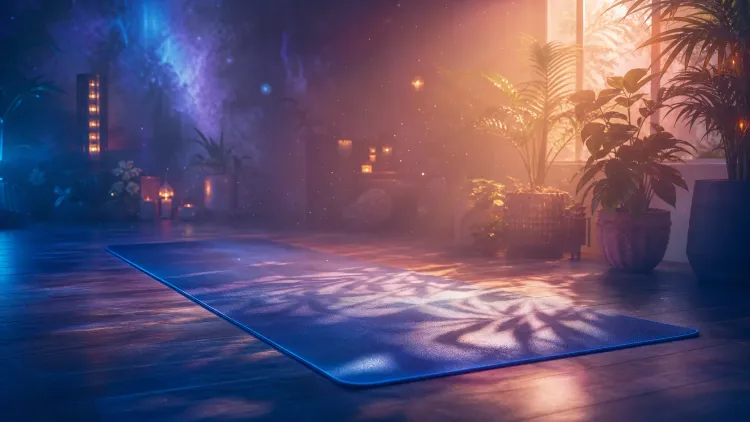 Yoga mat on a wooden floor in a plant-filled room, lit by warm sunrise and blue-purple glow