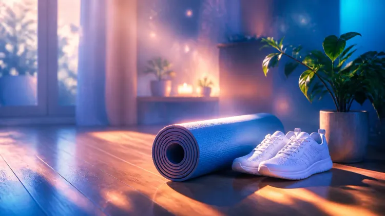 Rolled yoga mat and white sneakers on sunlit wooden floor beside a potted plant in a cozy room