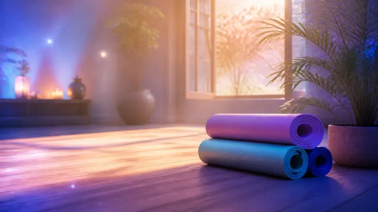 Rolled yoga mats on a sunlit studio floor beside plants in a calm, misty meditation space